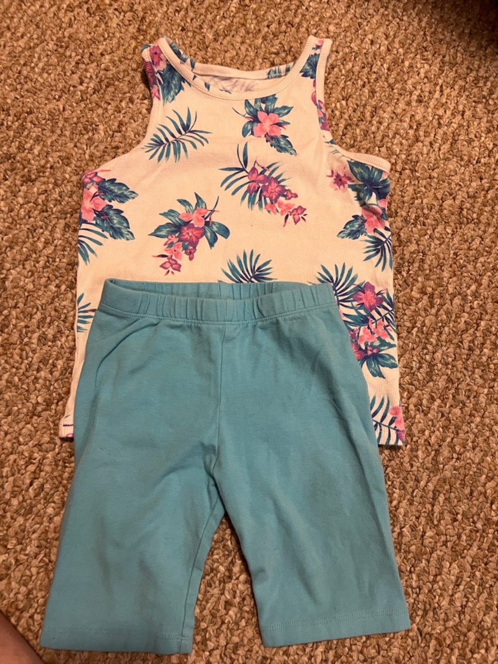 The Children's Place White Floral Tank with Teal Bike Shorts